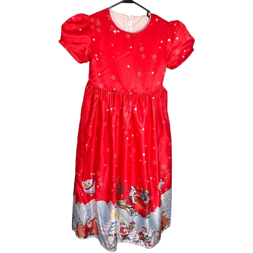 Girls 170 Red Christmas Dress Santa Claus Reindeer Puff Sleeve Holiday Party